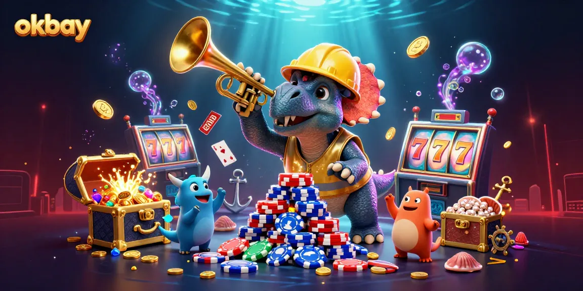 okbay players celebrating a jackpot with colorful chips and slots in an exciting casino scene