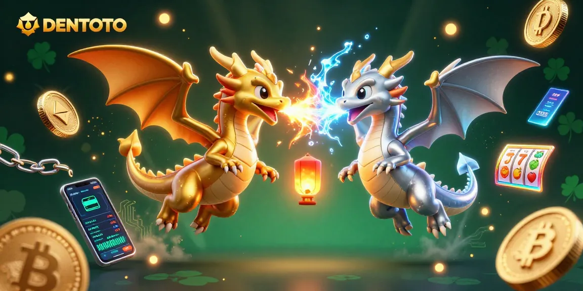 DENTOTO engages players with an epic scene of gold and silver dragons amid slot game symbols.