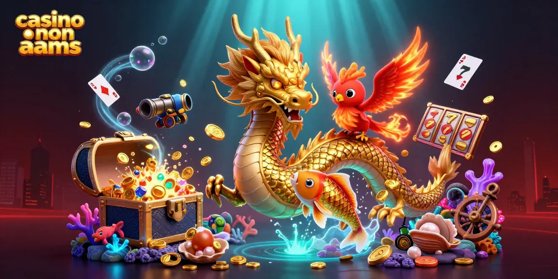Vivi un gameplay emozionante nei casinò non AAMS con un'illustrazione 3D vibrante che mostra un drago, una fenice e un pesce koi circondati da gemme e elementi delle slot.