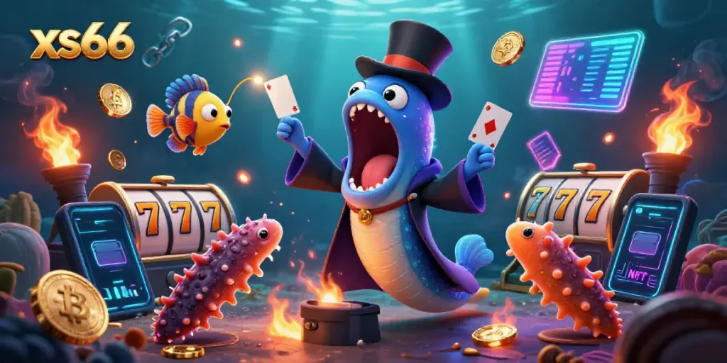 Experience the magic of xs66 casino games with a bioluminescent eel performing card tricks and digital currency, surrounded by dynamic casino elements.