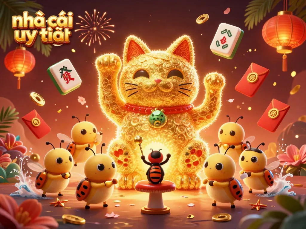 Engaging visual of nhà cái uy tín showcasing a lucky cat surrounded by casino symbols and festive decorations.