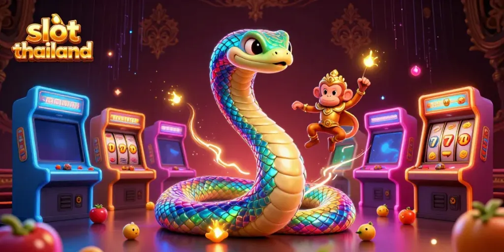 Engage with vibrant slot thailand gaming scene featuring a rainbow serpent and gaming elements.