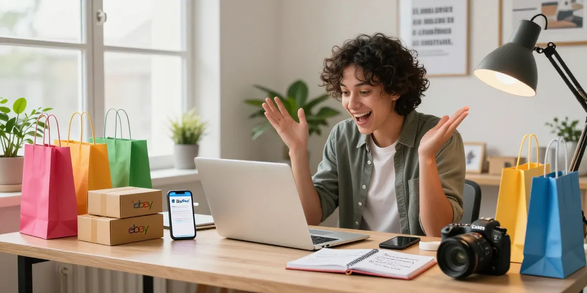 Buy verified eBay account while enjoying a vibrant online shopping scene in a cozy home office.