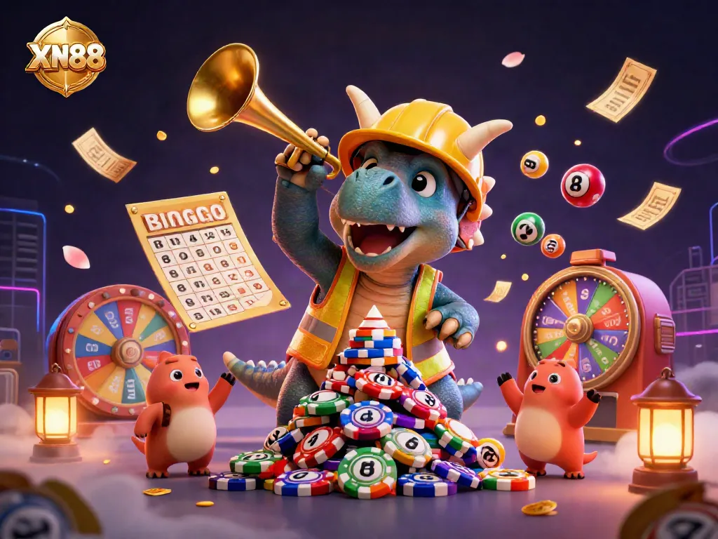 Celebrate with XN88's vibrant casino scene featuring a triceratops and parasaurolophus amidst dynamic lottery game elements.