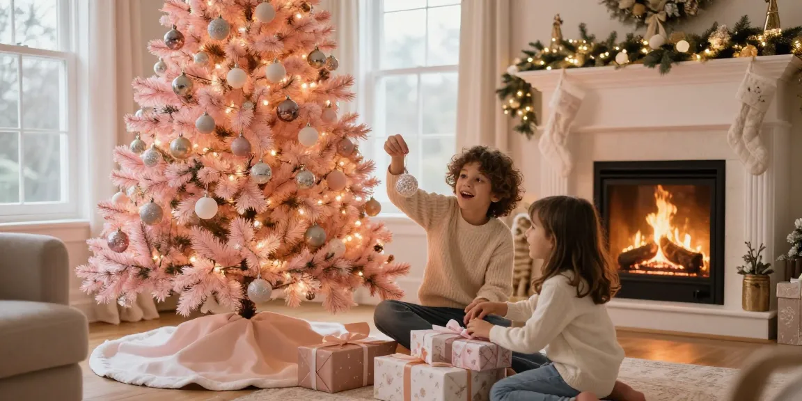 Festively decorated pink Christmas tree in a cozy living room with family enjoying the holiday ambiance.