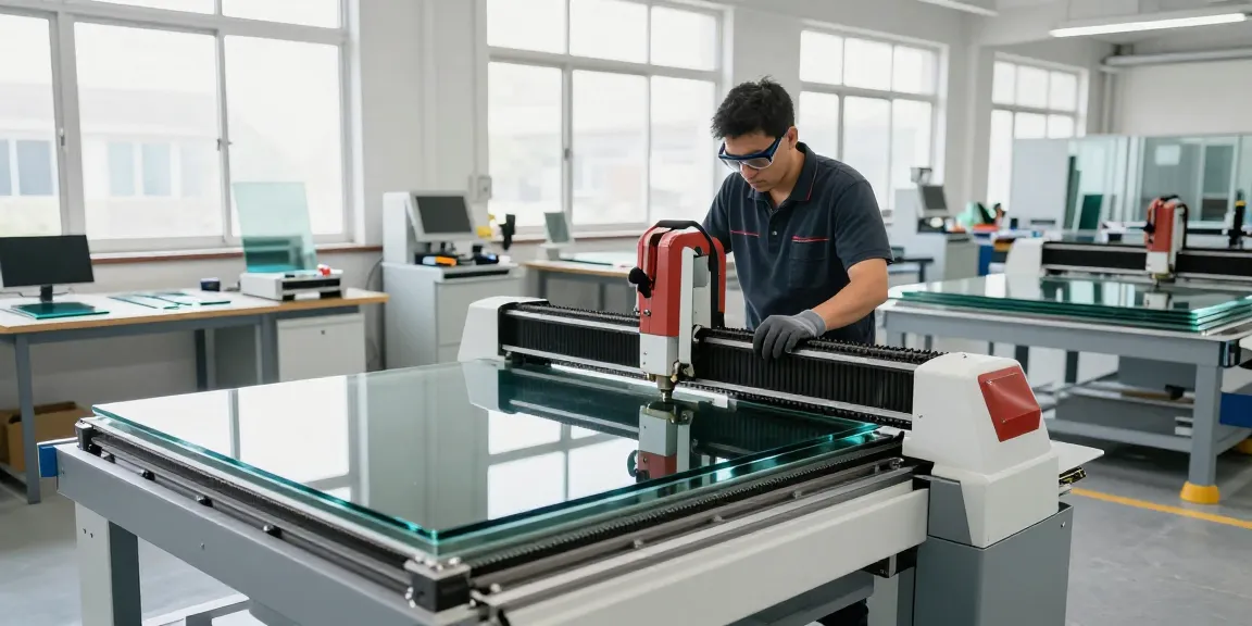 Technician operating a glass cutting machine in a modern workshop with advanced technology.