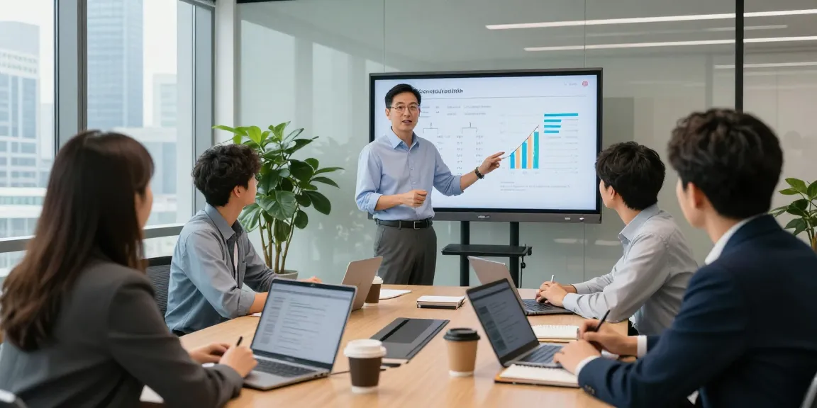 Terry Hui leading a strategic meeting with a diverse team in a modern conference room, showcasing collaboration and innovation.