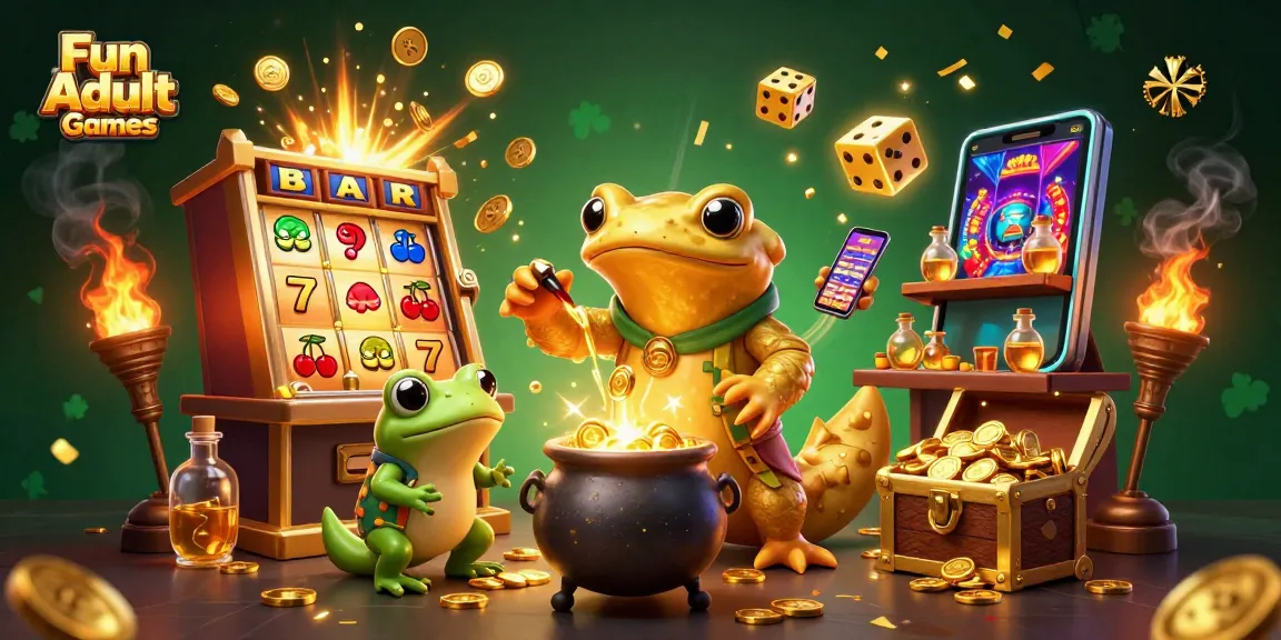 Play thrilling Fun Adult Games in a vibrant, casino-themed digital illustration featuring dynamic characters and gaming elements.