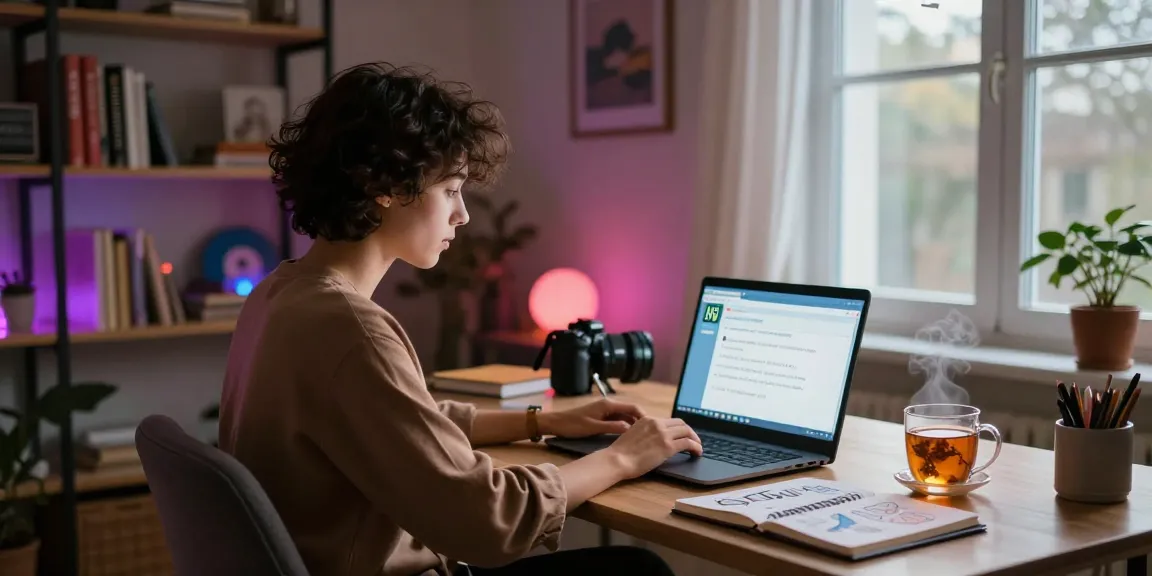 Engaging in ai nsfw chat in a cozy home office with ambient lighting.