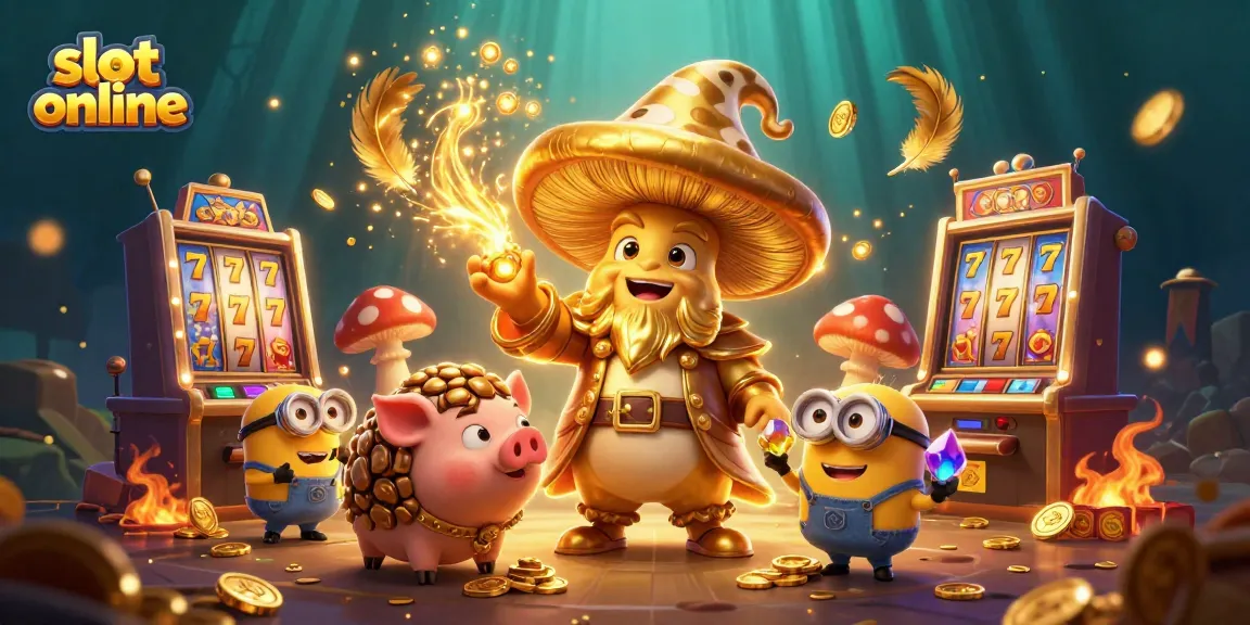 Spin and win big with slot online featuring a golden mushroom wizard amidst golden treasures.