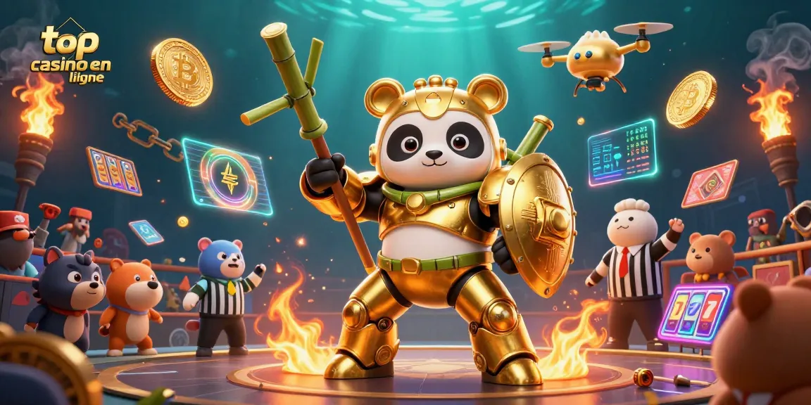 Jeu de casino captivant avec le meilleur casino en ligne où un panda pilote un robot de combat.