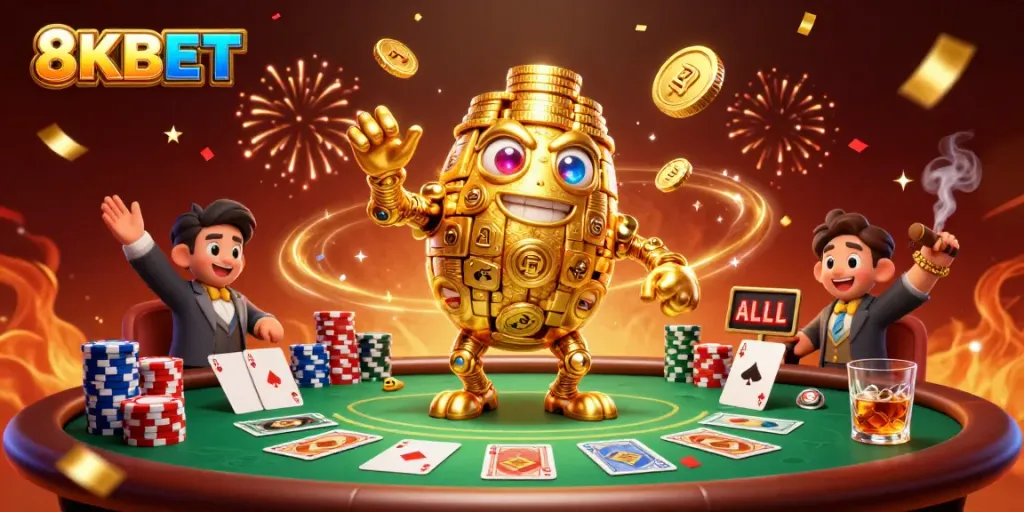 Experience excitement at 8KBET with a dynamic scene featuring vibrant casino elements and a gold golem.