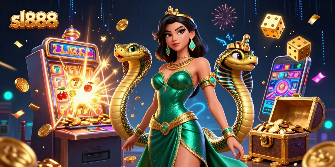 Engage in thrilling gameplay at sl888 with a vibrant illustration of a jackpot celebration and casino elements.