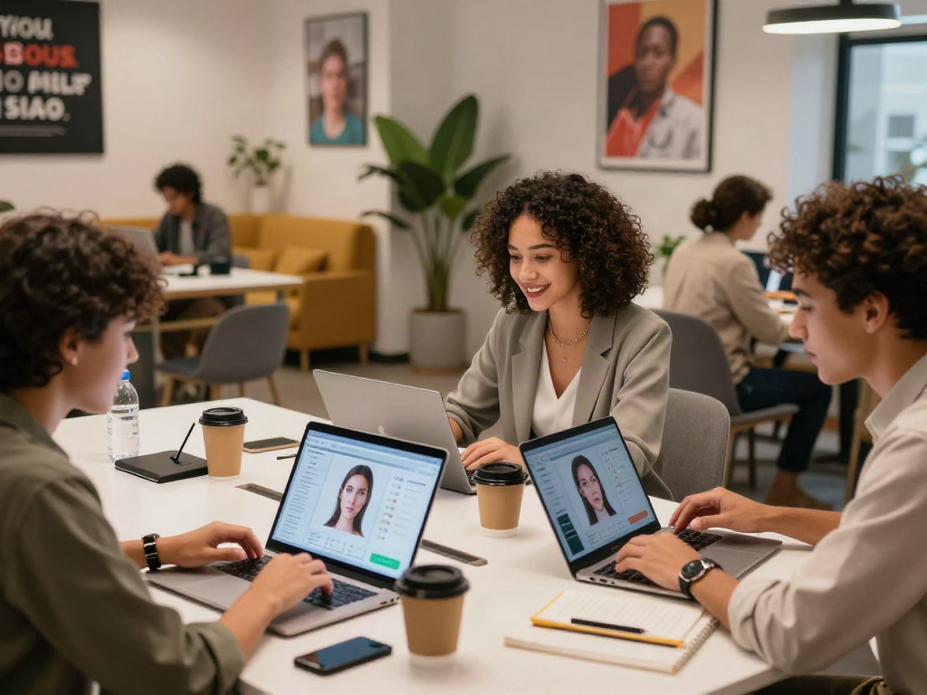 Engaging workspace scene for the test of attractiveness with friends analyzing facial feature scores.