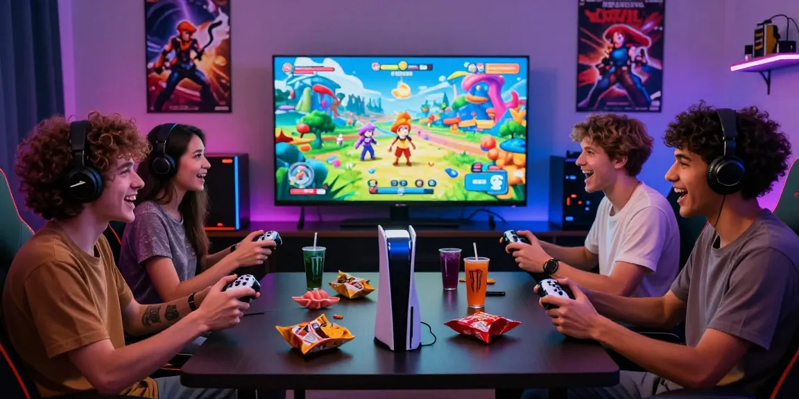 Friends enjoying a multiplayer hentai game night with vibrant visuals and snacks.