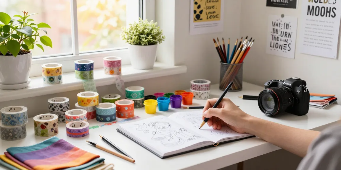 Engaging workspace featuring custom washi tape rolls and vibrant crafting materials.