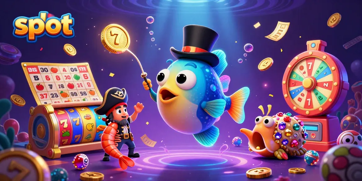 Menggoda koin emas dengan slot, ikan pemancing 3D dan karakter lainnya pada ilustrasi kasino.