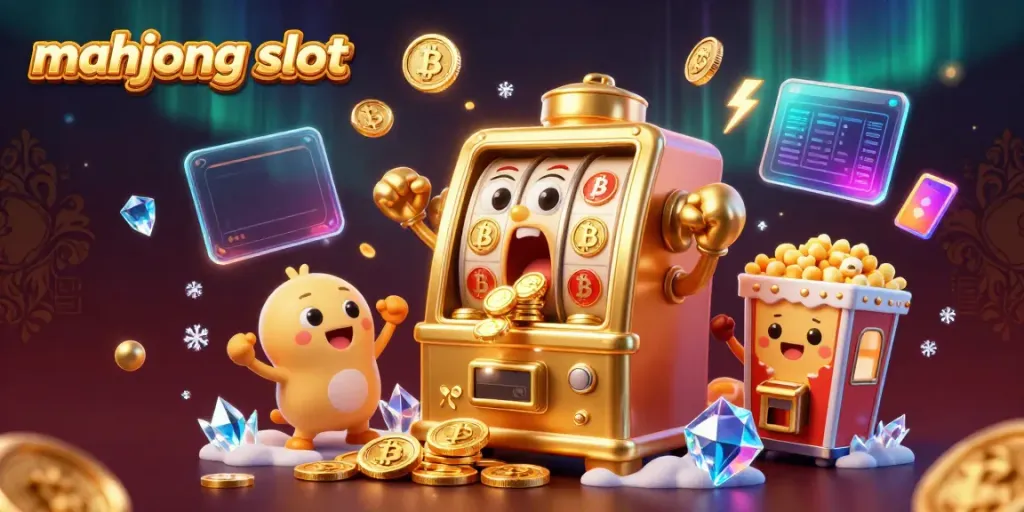 Engage with the mahjong slot excitement as golden slot machines celebrate jackpots with coins pouring, set in a vibrant casino scene.