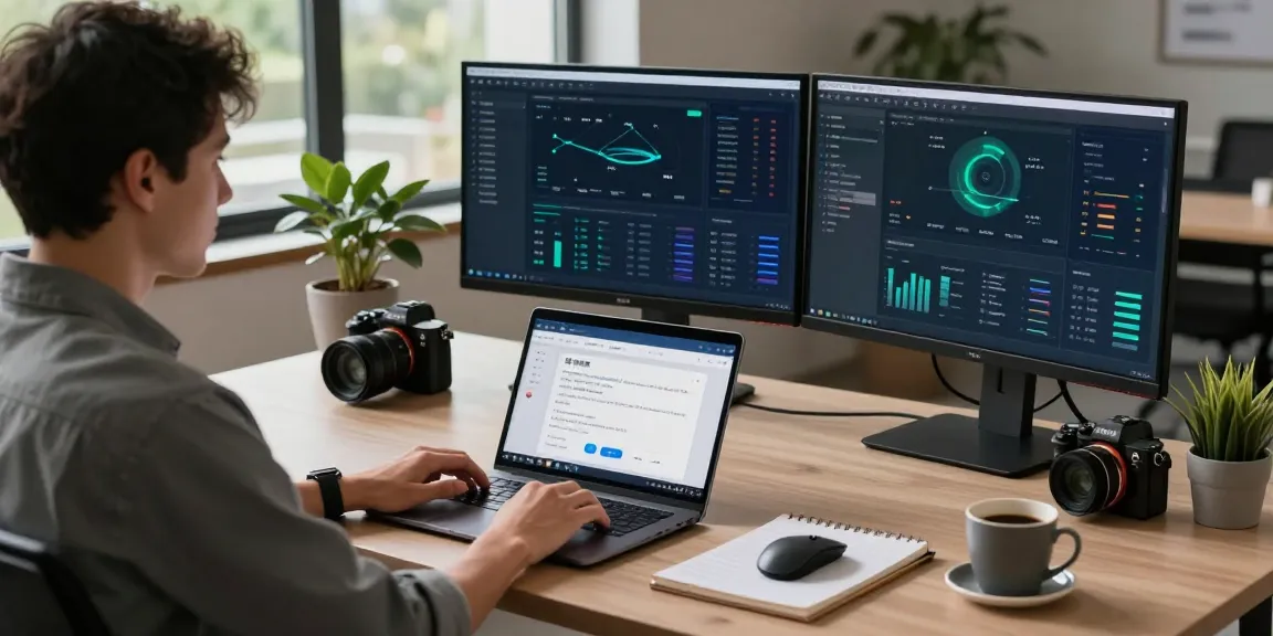 快连 application in a modern home office, showcasing network acceleration features with dual monitors and productivity tools.