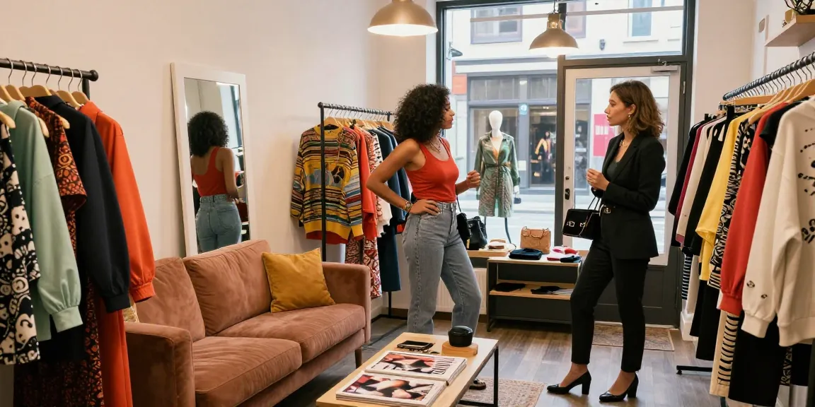 Scena di personal shopping con una donna che esplora il suo stile in un boutique alla moda