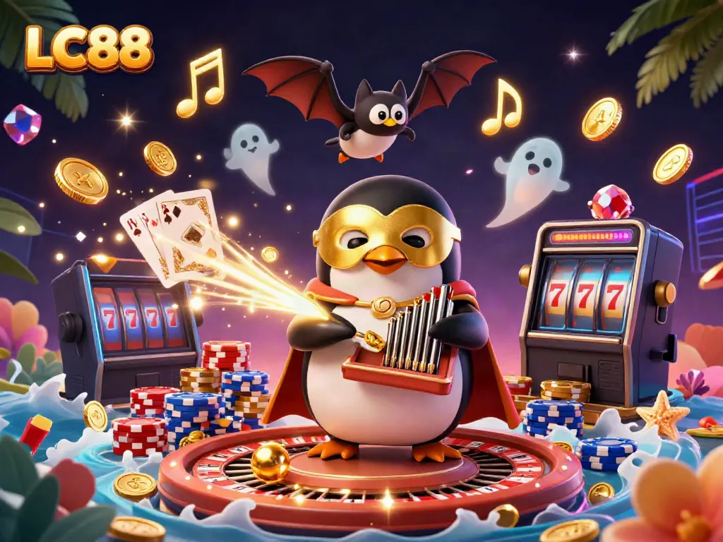 LC88 offers thrilling gaming adventures featuring golden elements and animated characters in a vibrant casino scene.