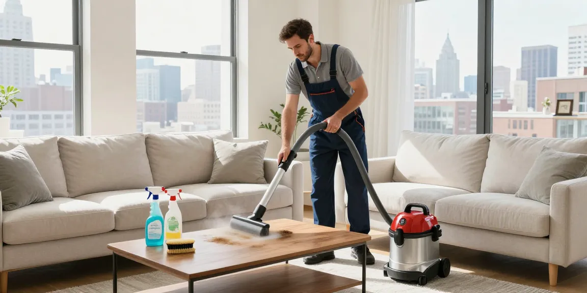 Sofa cleaning NYC - Professional technician cleaning a light-colored sofa in a stylish NYC living room with bright sunlight and skyline views.