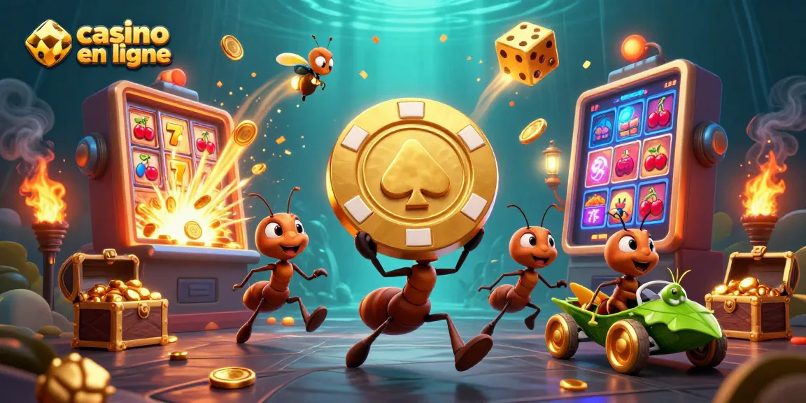 Illustration dynamique de casino en ligne avec des fourmis en pleine action, transportant un jeton de poker doré.