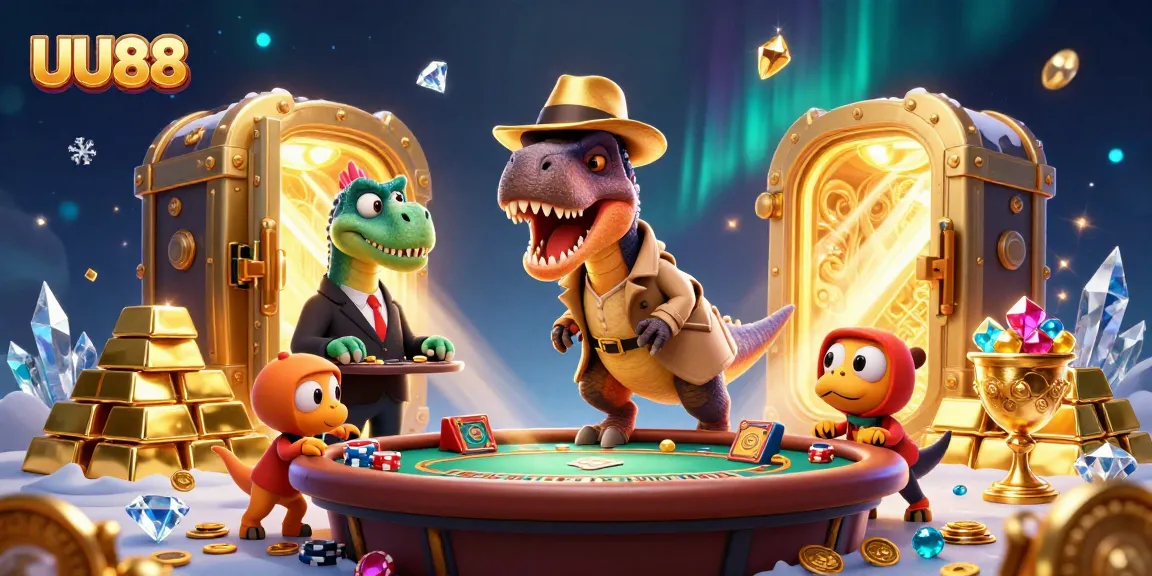 Join the fun at UU88, where a clever velociraptor tries to outsmart a stegosaurus pit boss in a lively casino scene.