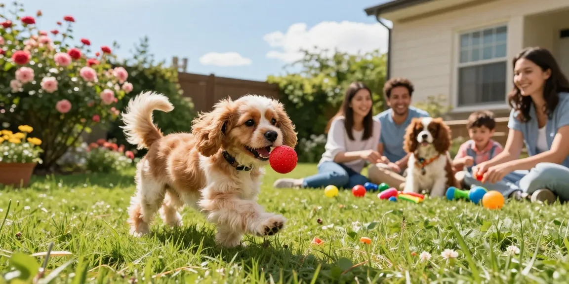 Cockalier dog breed playing joyfully in a sunny backyard with family, showcasing its affectionate nature and playful spirit.