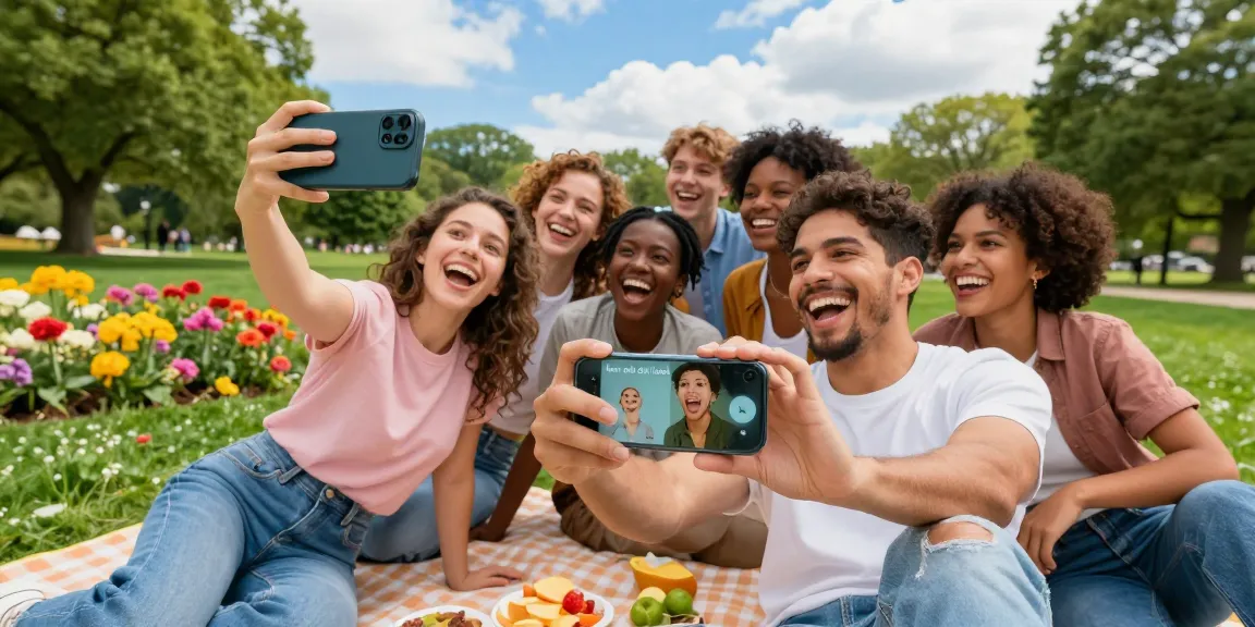 Friends enjoying a sunny day while using the "how old do I look" app in a scenic park, capturing joyful moments.