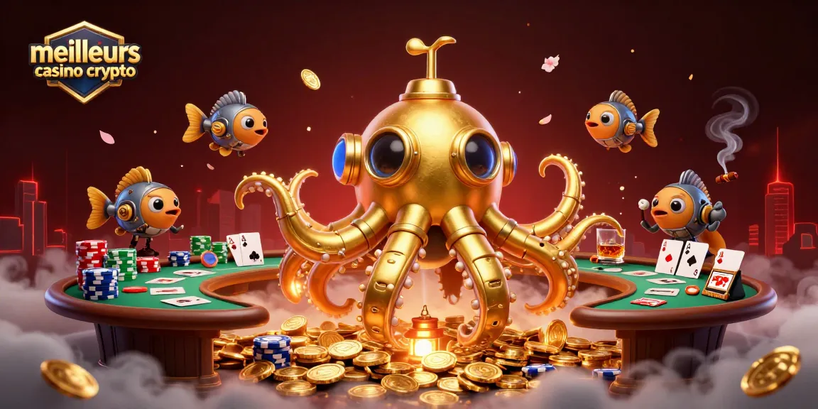Les meilleurs casinos crypto présentent une scène dynamique avec un kraken doré et des poissons mécaniques au milieu de jetons de poker.