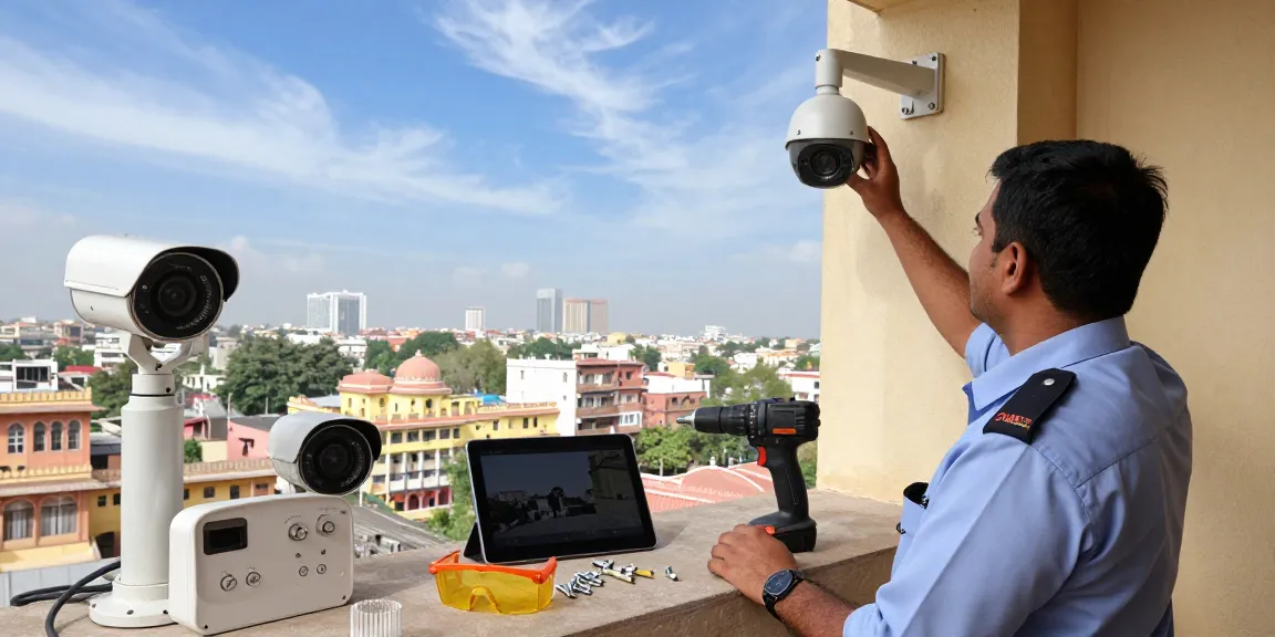 CCTV Dealers in Jaipur technician installing surveillance camera on building.