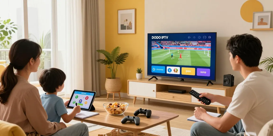 Family enjoying live sports streaming on DODO IPTV in a cozy living room.