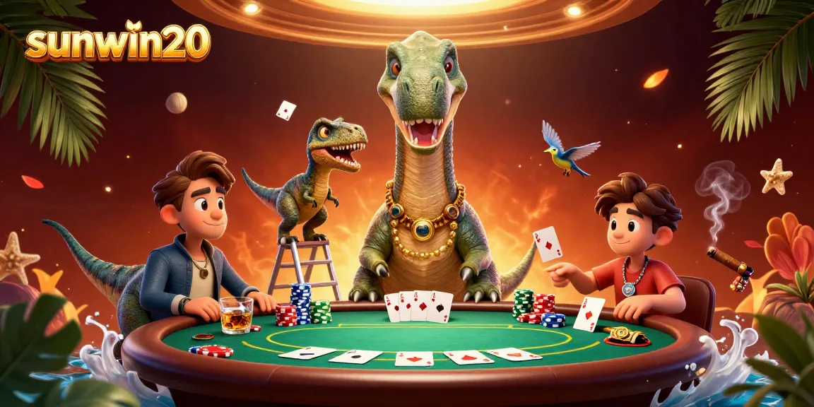 Engage with sunwin20's thrilling poker scene featuring a giant brontosaurus and clever raptor dealer.