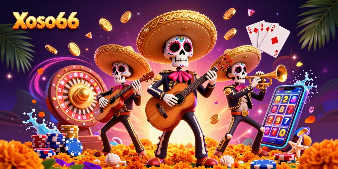 Xoso66 showcases lively cartoon mariachi skeletons celebrating with coins, roulette, and slots.