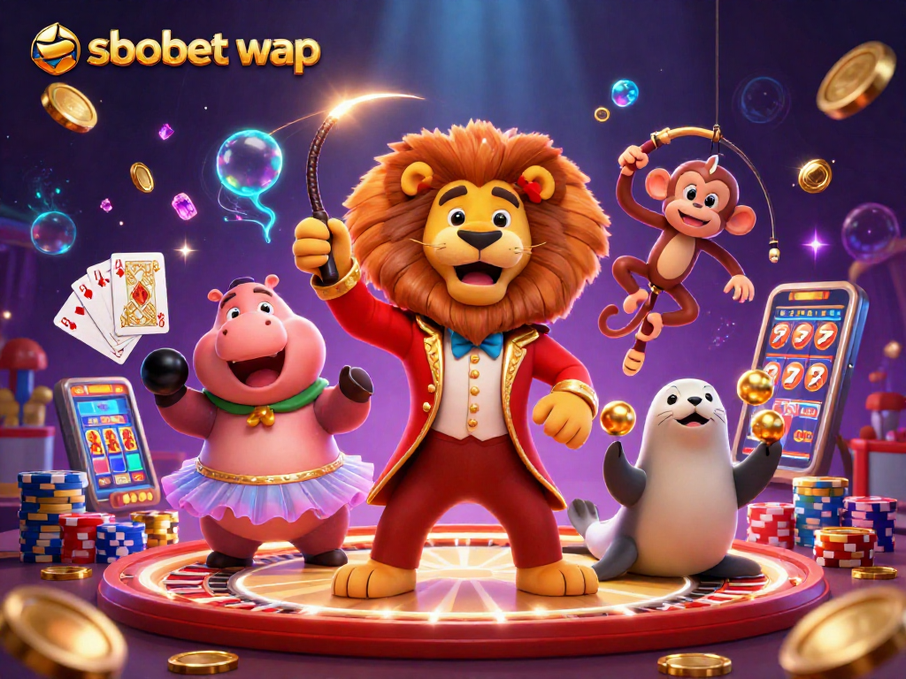 Experience sbobet wap excitement with dynamic circus characters amidst sparkling casino elements.