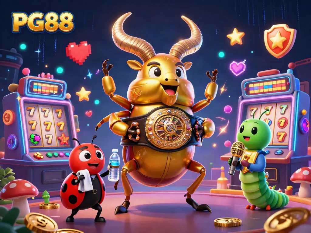 Experience thrilling spins at PG88 with a dynamic cartoon scene featuring a boxing beetle and vibrant slot machines.