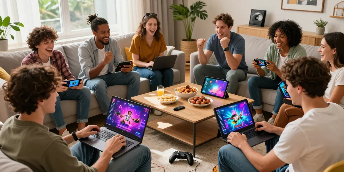 Enjoying sex games in a lively living room with friends on various devices