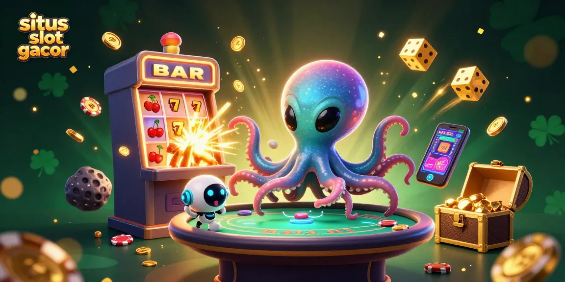 Engage with situs slot gacor as an alien octopus masters a floating poker table amidst colorful casino excitement.