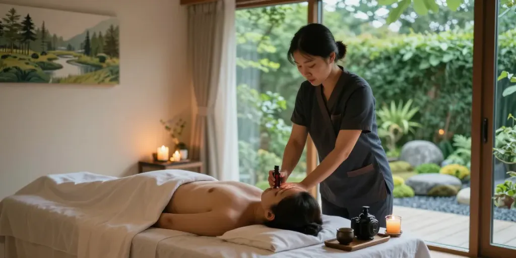 Relaxing 인천출장안마 scene with a therapist applying aromatherapy in a serene spa.