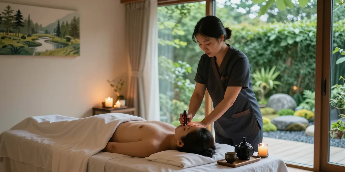 Relaxing 인천출장안마 scene with a therapist applying aromatherapy in a serene spa.