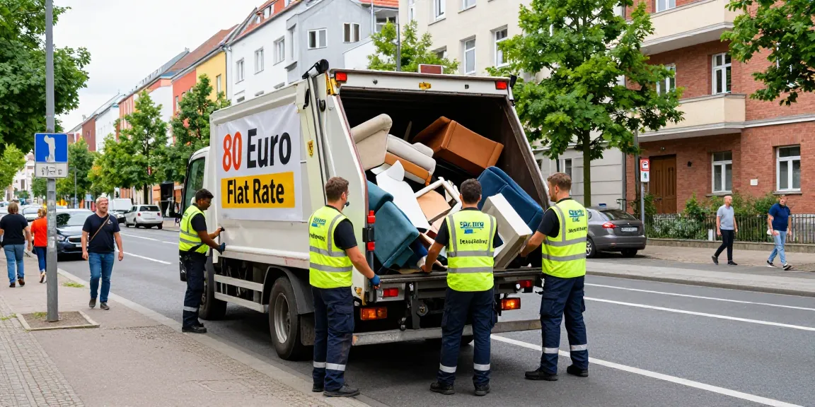 Sperrmüllabholung 80 Euro Berlin service in action with waste removal team loading discarded furniture onto truck in urban setting