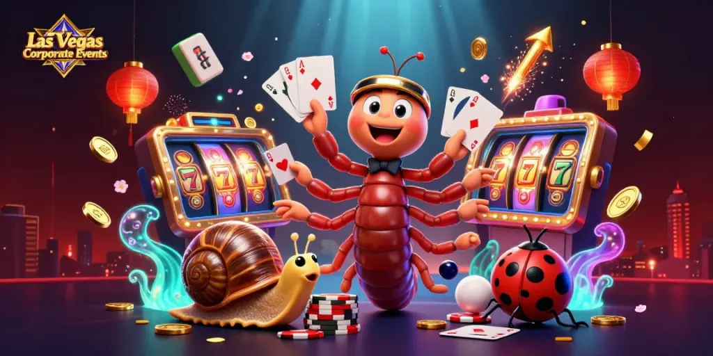 Experience the excitement of Las Vegas Corporate Events with vibrant 3D characters and casino elements.