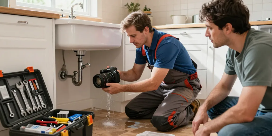 24 hour plumber Northampton assisting with a kitchen leak repair, showcasing tools and customer relief.