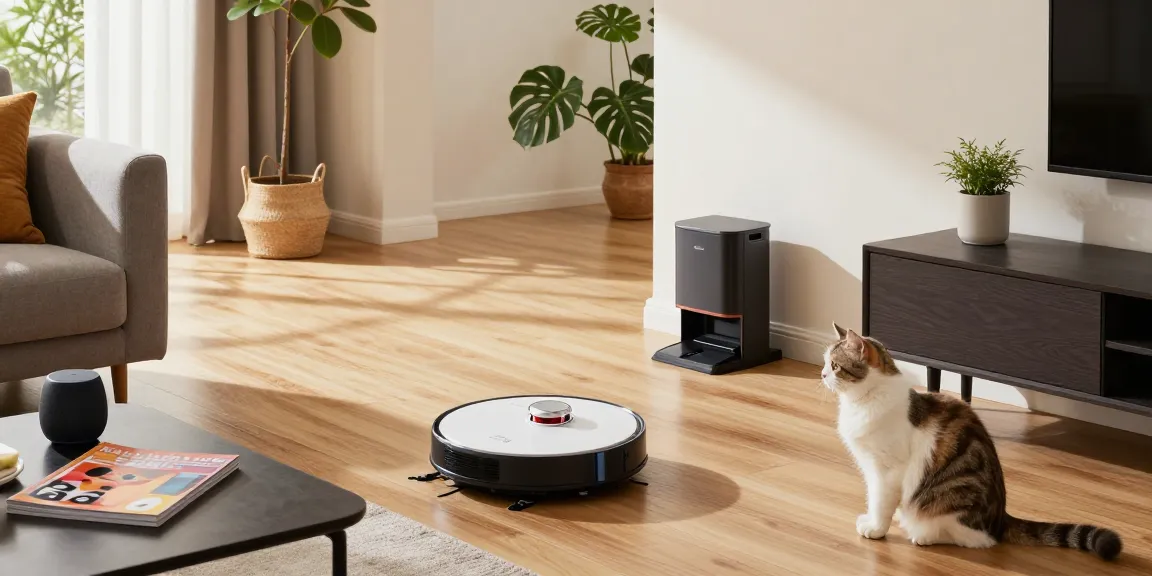 Robot vacuum 2026 effortlessly cleaning modern living room with sunlight and cozy decor.