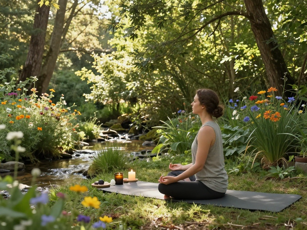 Practitioner meditating with mantra 88 in serene outdoor setting surrounded by nature.
