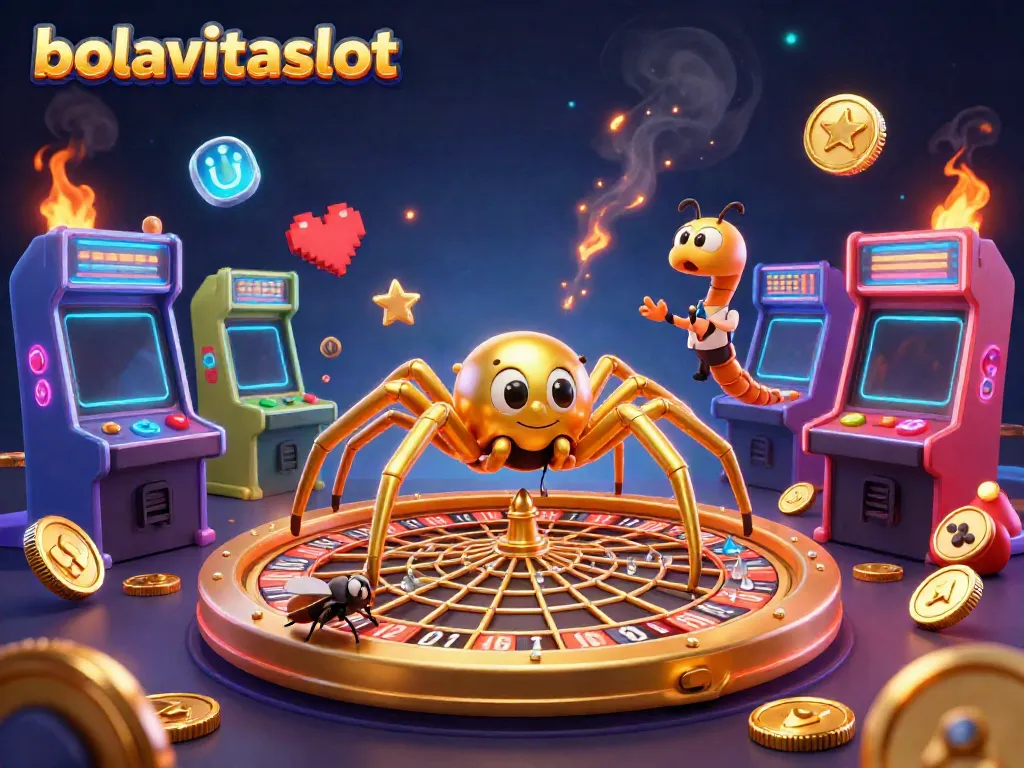 Experience the excitement of bolavitaslot with a golden spider spinning a roulette wheel web amidst vibrant gaming elements.