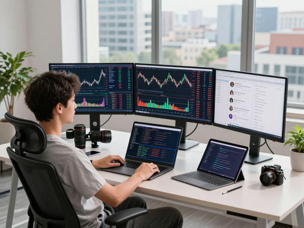 Dynamic TradingView workspace with a data analyst reviewing market trends and trade alerts on multiple monitors.