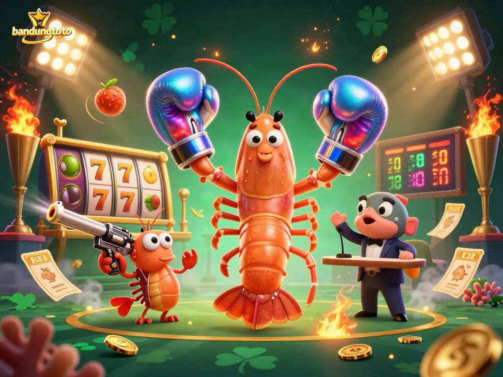 Engage with the exciting gameplay at bandungtoto featuring iridescent shrimp champions amid slot reels and gold coins.