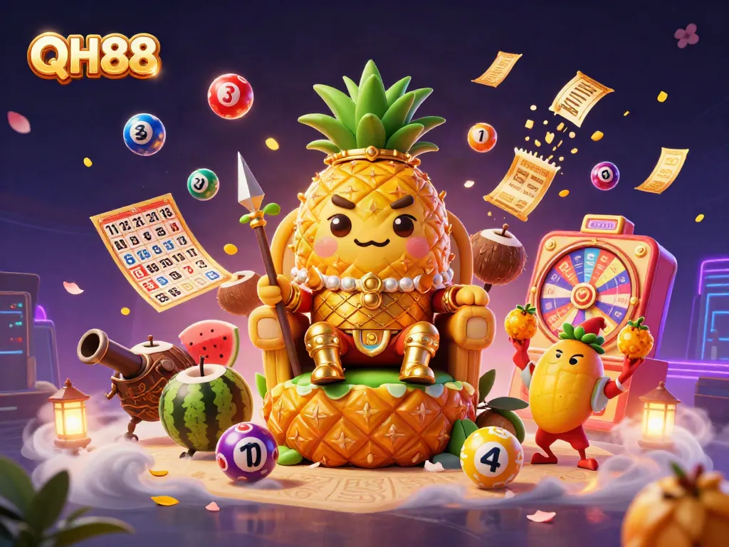 Engage in the vibrant world of QH88 with a majestic pineapple king and exciting gaming elements.